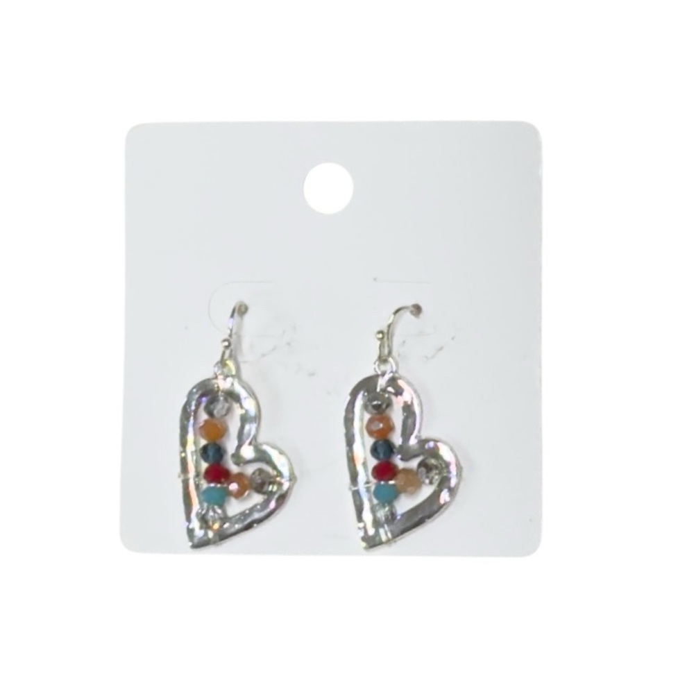 UNBRANDED SILVER Heart Earrings with BRIGHT Multicolor CRYSTAL GLASS Beads - Picture 2 of 5